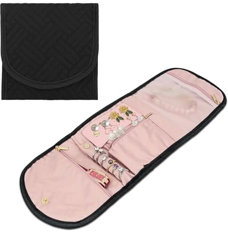 AfitLulu Pieghevole Rotolo per Gioielli Borsa Rotolo, Portagioie da Viaggio Morbido Donna, Portatile Organizer Gioielli Porta Gioielli Organizzatore per Orecchini Anelli Collane Gioielli (Nero)