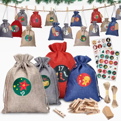 Calendrier de l'avent a Remplir, 18 * 13cm 24 Sachets en Toile de Jute, Calendrier de l'avent a Remplir Soit Meme, Kit Calendrier de l'avent DIY, Sacs en Tissu DIY Calendrier de Noël Sacs