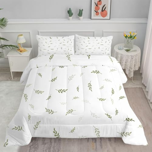 PNHCL Edredon Nordico Cama 90, Relleno Nordico 155x220 cm con 2 Fundas Almohada, VerdeSalvia Reversible Edredón de Fibra 240gr/m², Ligero, Suave, Transpirable para 4 Estaciones, Hojas Verdes