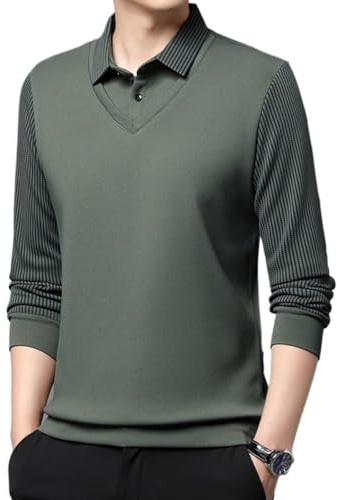 Top da uomo finto due pezzi con risvolto a maniche lunghe, magliette polo a maglia a righe finto due pezzi, camicia top casual business, Verde militare, L