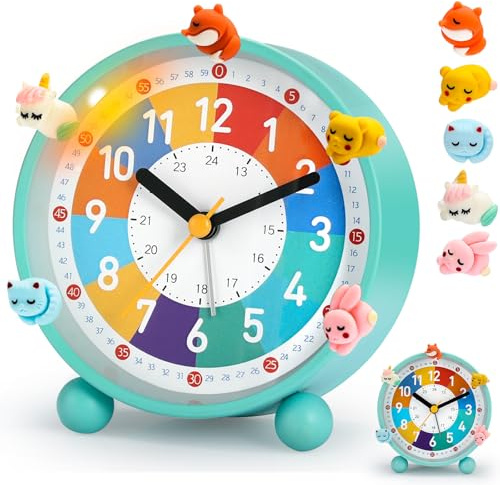 PIXESTT Despertador Infantil, Reloj Despertador Infantil para Principiantes En La Escuela, Sin Sonido Tic-TAC, con FuncióN De Luz Nocturna Y FuncióN De RepeticióN, con 5 Adornos De Despertador