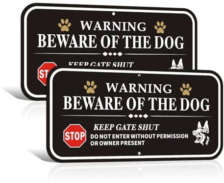 2 Pack Beware of The Dog Sign, 300x150mm Keep Gate Shut Sign,Reflective Aluminum Dogs Sign for Outdoot Gate,Weather Resistant,Easy to Mount