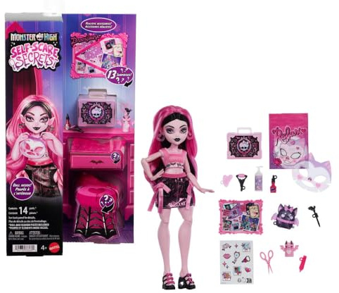 Monster High Self-Scare Secrets Draculaura Puppe und Zubehör Set mit 13 realistischen Überraschungen wie einem funktionierenden Gesichtsroller und anpassbarem Moodboard, JHK43
