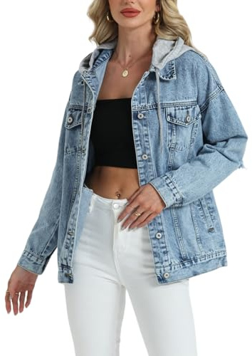 Womens Oversized Jean Jacket with Hood Casual Long Sleeve Button Down Denim Jacket Fall Coat