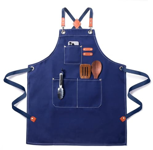 FortuWrap Tablier de Cuisine Professionnel en Toile, Imperméable et Réglable, avec Poches – Tablier de Travail pour Homme et Femme, Chef, Serveur, Barbecue, Peinture, Jardin, Restaurant(Bleu)