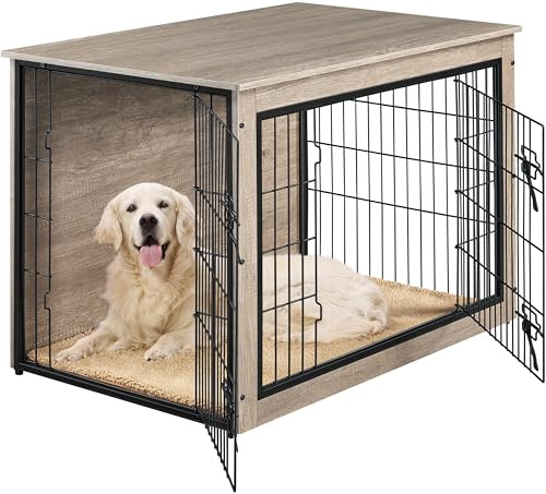 Yaheetech Hundekäfig Möbel mit Hundedecke & 2 Türen, Hundebox für Zuhause, Moderne Hundehütte Indoor, Hundebox Holz für Wohnzimmer, 96x65x68 cm, Grau