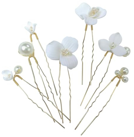 Lot de 7 épingles à cheveux en céramique blanche avec fleur et perle - Épingles à cheveux élégantes pour mariée - Accessoires de cheveux décoratifs pour femme