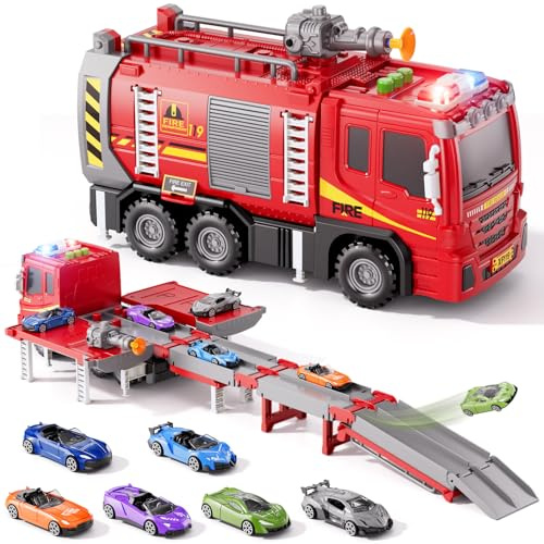 Fire Trucks Toy Set for Boys Age 3-5 4-7, Fire Car Truck for Toddlers 3 4 5 6 Years Old, Transport Truck Christmas Birthday Gifts Race Car Sets, Kids Toddlers Firetruck Toys with Light Sound Shooting