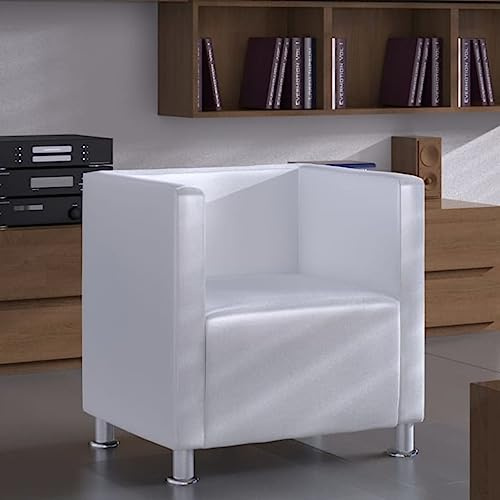 QJBSAVVA Poltrona cubo bianca in ecopelle con gambe in metallo, 71 x 54 x 69 cm, moderna poltrona da lettura e poltrona lounge per soggiorno, camera da letto e balcone