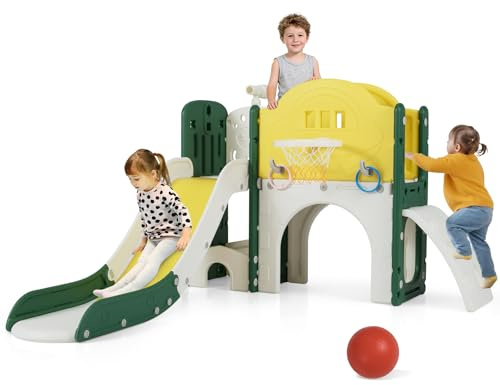 COSTWAY Kids Slide, Toddler Slide and Climber Set with Basketball Hoop, Telescope, Ring Toss, Crawling Tunnel, Long Aisle, Indoor Playground for Boys Girls (9 in 1)