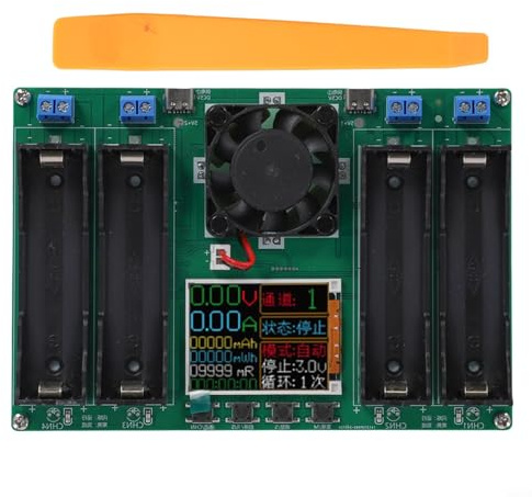 Shophubio Probador de capacidad de batería de 4 canales con medidor de resistencia interno, refrigeración activa y prueba de dos cables CC para baterías de litio recargables