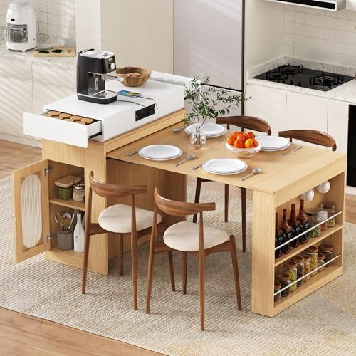 Bladez Isla de cocina moderna con tablero extraíble y enchufes, isla de cocina con espacio de almacenamiento, armario de vidrio y ganchos, mesa de bar multifuncional o aparador para cocina y comedor