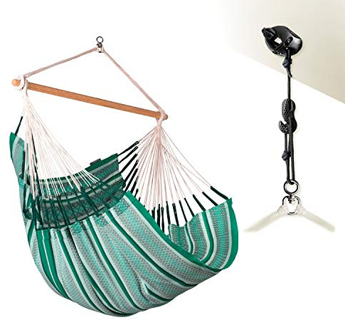 LA SIESTA® - Habana hängstol komfort storlek + monteringssats för avkoppling & stil: 360° vridfog, högkvalitativ bambuträ – GOTS-certifierad bomull (Agave)