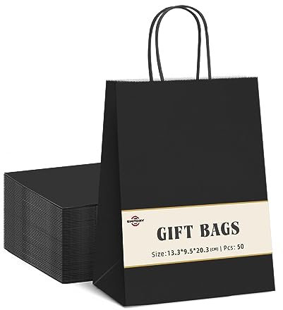 Switory 50 Stück Papiertüten Geschenktüten Schwarz, Kraft Papiertüte mit Henkel zum Party, Geburtstag, Basteln, Einzelhandel(13,3 x 9,5 x 20,3 cm)
