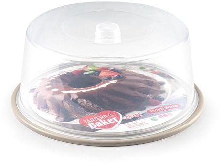 CABLEPELADO - Bandeja Pasteles tartera plástico - recipiente conservación - transporte comida - plato servir - campana alimento - 34 cm - color beige