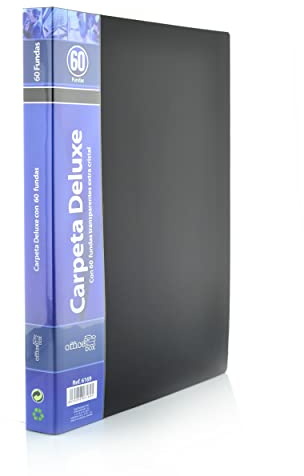 Carpeta de 60 Fundas Deluxe con portadas rígidas y Lomo personalizable con Fundas Ultra Cristal – Incluye 91 Adhesivos - Tamaño A4 - REF 6169 – PP 100% Reciclable by Office Box. (Color Negro)