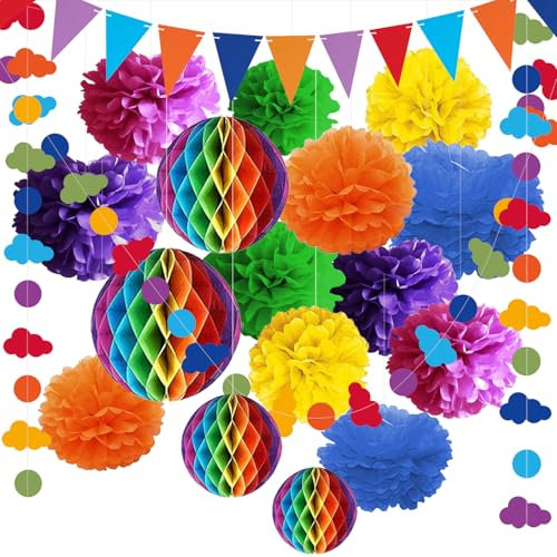Syoulin-18 Stück Regenbogen Partydekoration Set für Einschulung & schulanfang, Geburtstag | Inkl. Pompons, Wabenbälle, Dreiecksflaggen & Hänge-Deko | Bunte Schulanfangs-Dekoration