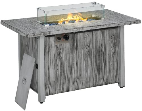 Outsunny Propane Gas Fire Pit Table for Garden 50000 BTU 109x56x63cm Grey | Smokeless Firepit, Outdoor Patio Heater, Waterproof Cover, Glass Screen, Glass Beads, Lid, Wood Effect