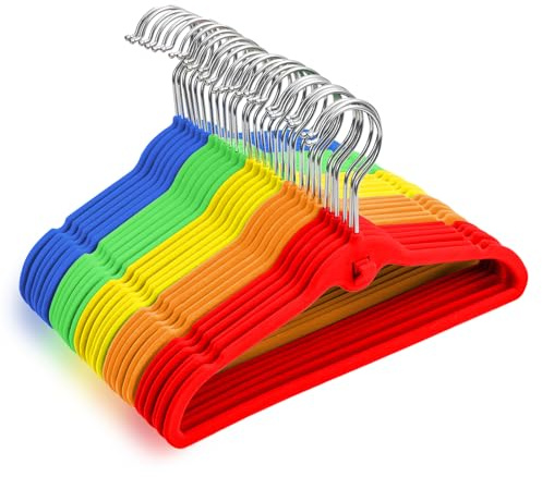 Pack of 30 Kids Velvet Hangers, Non-Slip Space-Saving with Cascading Mini Hooks, Rainbow Colors (Red, Orange, Yellow, Green, Blue) Baby and Toddler Clothes Organization
