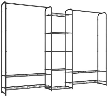 SONGMICS Kleiderständer, offener Kleiderschrank, Kleiderstange, Garderobenständer mit Ablagen, Garderobe aus Metall, freistehend, 29 x 183 x 158,4 cm, mattschwarz LGR463B01