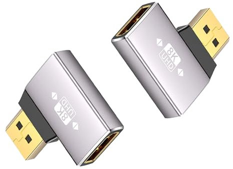 Duttek Adaptador DisplayPort de ángulo recto 8K, adaptador extensor Displayport de 32.4 Gbps, adaptador DisplayPort macho a hembra (8K/60Hz, 4k/144Hz) para PC, portátil, paquete de 2