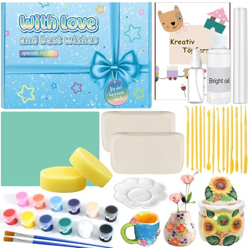 Vezerd Töpferset für Anfänger, Ton Lufttrocknend ohne Brennen für Zuhause, Kreativ DIY Keramik Bemalen Basteln Erwachsene mit Glanzlack, Werkzeuge, Pottery Set Als Geschenke für Kinder