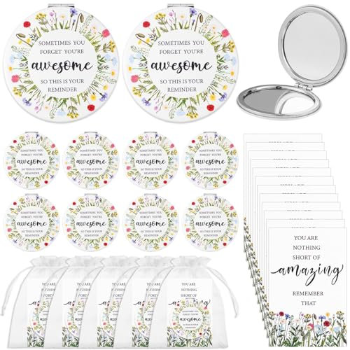 12 Sets Employee Appreciation Gifts PU Inspirational Compact Mirror Folding Pocket Travel Makeup Mirrors Double-Sided Mini Magnifying Mirror with Thank You Card Bags for Women Coworker Mothers Day