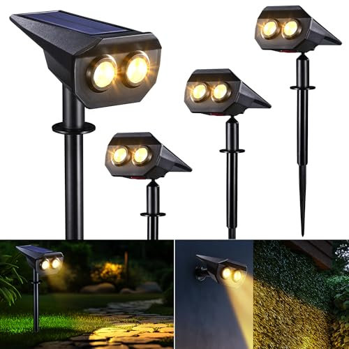 Joomer Faretti Energia Solare da Esterno, 4 Pezzi Faretti Solari a LED da Esterno 2 Livelli di Luminosità, IP65 Impermeabile Lampioncini Solari da Giardino per Cortile Vialetto Alberi, Bianco Caldo