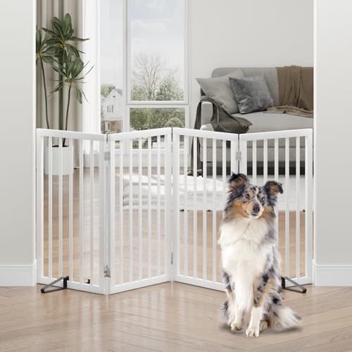 Tall Dog Gates for Doorways, Foldable Dog Gate Indoor, Freestanding Pet Gates for Doorways Bedroom, Puppy Gate with Metal Support Feet, Room Divider,4 Panels (white)