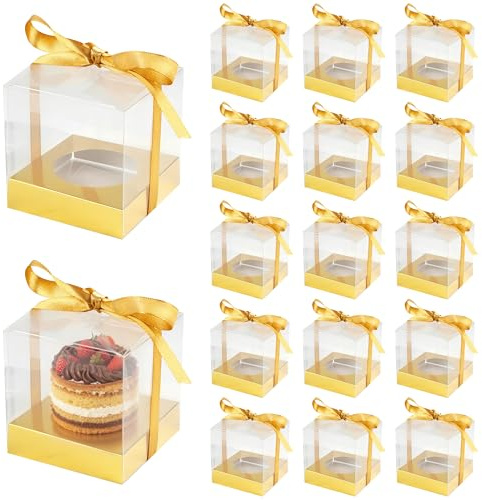 Aramanara 24 Pack Individual Cupcake Boxes, Clear Cupcakes Containers with Ribbon, Single Cupcake Display Boxes for Weddings Birthday Party(Gold)