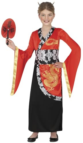 FIESTAS GUIRCA | Costume Chinois Traditionnel Enfant (10-12 ans) - Robe et Ceinture pour Filles - Costumes de Culture Asiatique et Orientale pour Halloween, Carnaval et Fêtes Déguisées - Rouge et Noir