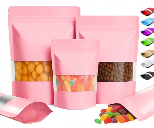 Plaphy 100 Bolsas Zip Doypack Herméticas con Ventana, Stand Up Pouch de Colores, Bolsas Mylar de Aluminio de Pie con Cierre Resellables para Empaque y Almacenamiento de Alimentos (Rosa, 12 x 20 cm)