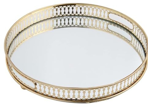 ROGONPDK Vassoio per servire in metallo con specchio | vassoio vintage Vanity Specchio | vassoio da tavolo floreale | vassoio decorativo in vetro | forma geometrica piatto candela per il trucco (forma