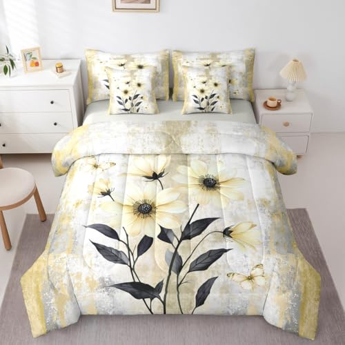 Erosebridal Abstract Oil Painting Twin Size Comforter Set with Sheets Rustic Farmhouse 7-Piece Bedding Set Watercolor Daisy Flowers Bed in a Bag Ombre Yellow Bed Quilt Sets for Women Girls Adults