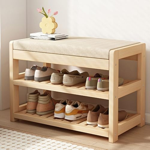 EYUIOPLM Banc à Chaussures en Bois Massif avec Coussin en Lin, Banc à Chaussures à Deux Niveaux avec étagère, étagère à Chaussures pour entrée, Salon, Couloir, Chambre à Coucher(60cm)