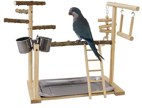 Aire de Jeux pour perroquets et perchoirs à Oiseaux – Jouet pour Oiseaux en Bois et Acier Inoxydable avec Plateau et Tasses, échelles d'escalade et Station d'exercices de Mastication | Safe Bird Play