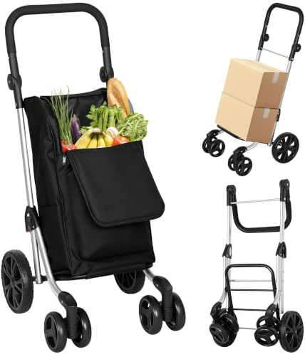 HOMCOM Shoppingvagn, hopfällbar shoppingvagn med kylfack, justerbart handtag, 46 l kapacitet, 3-i-1-vagn, säckkärra och axelväska, shoppingvagn med avtagbar väska, 6 hjul svarta