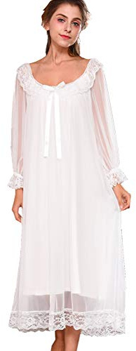 Flaydigo Ladies Women's Long Sleeve Victorian Cotton Lace Satin White Nightdress Pajamas Nightwear Sleepwear(Size: EU S/Tag M)