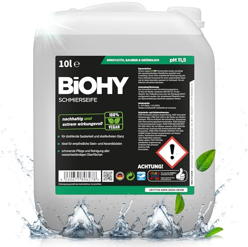 BiOHY Schmierseife (10 Liter Kanister) | Konzentrat für Bodenreinigung – Wischpflege für Holz, Parkett & Fliesen | Rückfettend, extra stark & ergiebig | Flüssiger Bio-Fußbodenreiniger