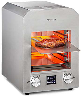 Klarstein Hannibal - Griglia ad Alta Temperatura, Indoor, Interni, Potenza: 2.200 W, 200-850 °C, Elemento a Infrarossi, CharForce System, Superficie: 18,5 x 30 cm, Display LED, Timer, Argento