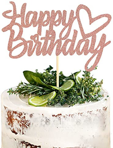 Sumerk Rose Gold Glitter Happy Birthday Cake Topper Heart Cake Toppers for Birthday Anniversary Party Decorations Supplies - Pack of 1