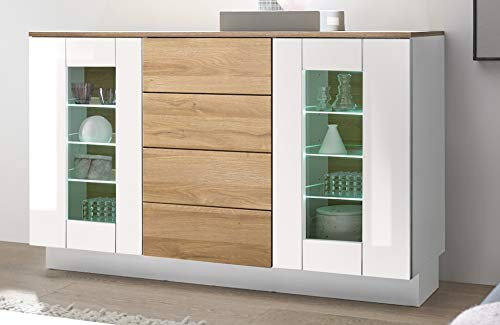 Sideboard Roana Weiß Tiefzieh Hochglanz Grandson Oak hell Dekor 136x85x43cm Wohnzimmerschrank Wohnzimmerschrank Beistellschrank Stauraumelement Größe mit Beleuchtung