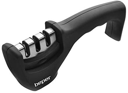 BEPER C107UTT001 Affilacoltelli manuale, ABS, 3 Livelli di Affilatura,Disco in Diamante,Tungsteno,Ceramica,Impugnatura ergonomica,Base antiscivolo,Nero