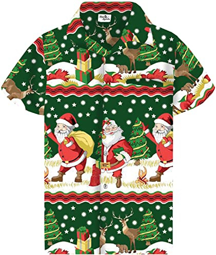 King Kameha Funky-Camicia-Hawaiana, Natale, Manica-Corta, Christmas-Border-Print, Verde, XXL