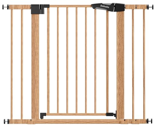Mom's Choice Award Winner, Babelio 26-40 Metal Baby Gate with Wood Pattern, PressGuard C5 Easy Install Pressure Mounted Dog Gate for Stairs and Doorways, with Wall Protectors and Extension Kits