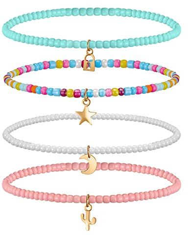 4 Pezzi Cavigliere di Perline Multistrato Braccialetti per Piedi da Spiaggia Catena alla Caviglia Boho per Estate Bracciale Elastico con Perline Colorate Cavigliere Bohémien per Donne