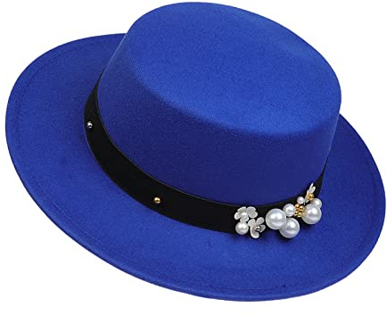 NiceYnn Klassisk vintage ull brett brätte platt topp fläskpaj båthatt, justerbart pärlband Fedora kyrka Derby filtmössa för bröllopsfest talangshow, Blå & pärla, en storlek