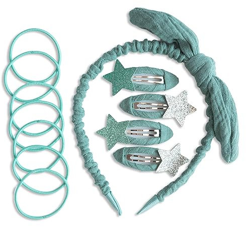 Papierdrachen Besonderes Haar Accessoires Set mit Haarreif, Glitzer-Haarspangen, Haargummis kombiniert mit hochwertigem Musselin Stoff - Petrol - für Mädchen und Damen