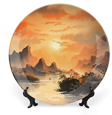 Gokays Decorative Plates for Wall Hanging, Ancient Chinese Mountain & Pavilion Landscape Ink Painting Ceramic Plate with Display Stand, Home Decor for Kitchen Cabinets, Farmhouse Round Tray 20 CM