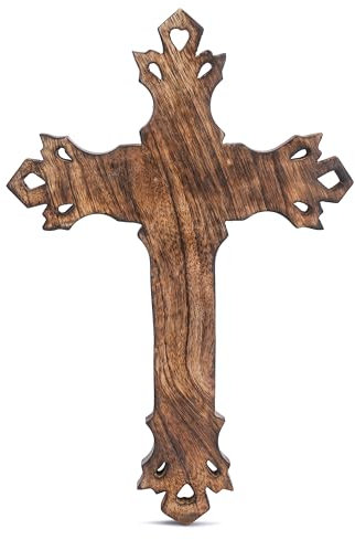 Ajuny Wooden Wall Cross Mango Wood Hand-Carved Plain Design Christian Wall Hanging Rustic Vintage Religious Catholic Prayer Cross for Church Chapel Living Room Altar or Hallway Décor (37.3 × 24.8 cm)